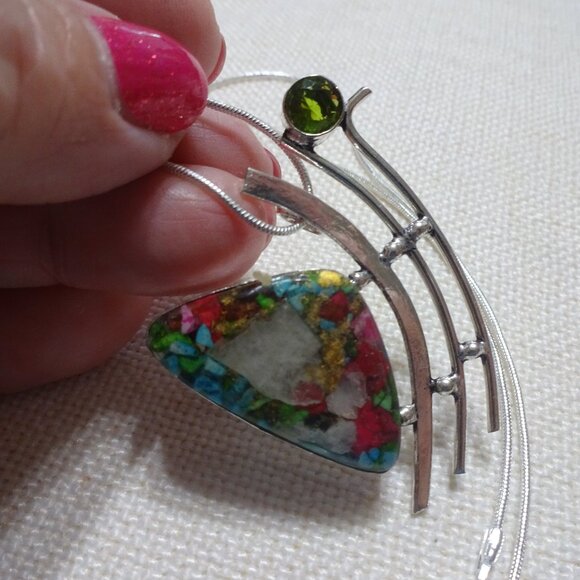 Beautiful "OYSTER TURQUOISE & PERIDOT" Handmade Sterling Pendant/Chain #762B - Picture 1 of 3